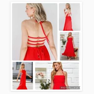Sweet Lemon Red halter dress open back with adjustable waist maxi dress size S